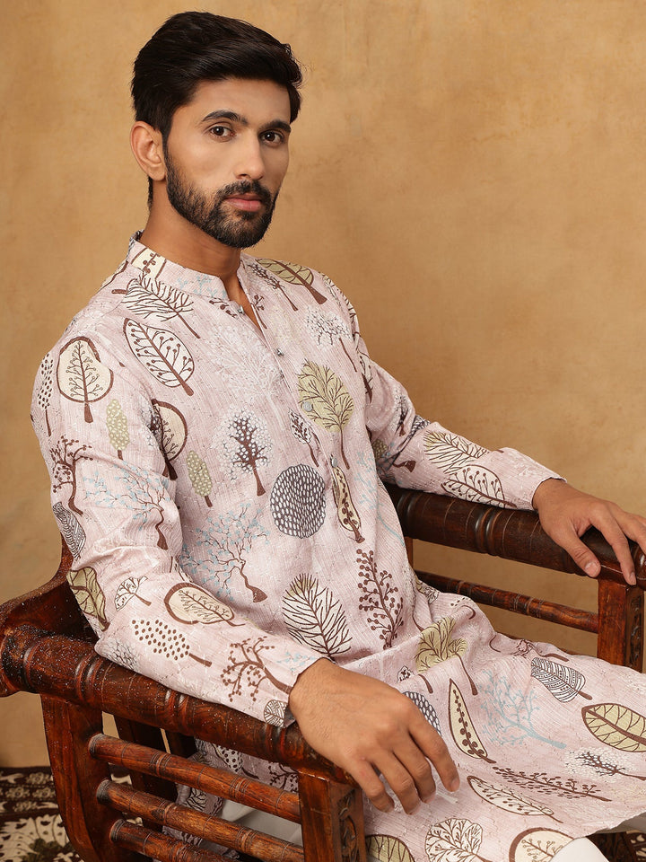 Printed Cotton Blend Kurta Pyjama With Thread Work