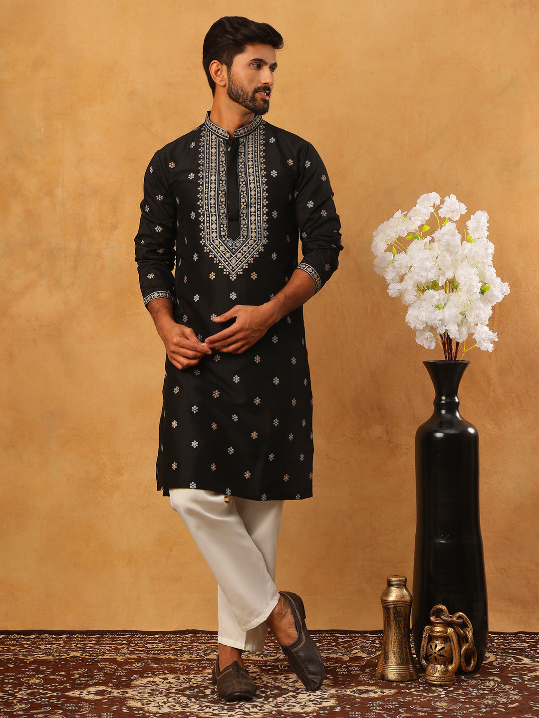 Ethnic Silk Blend Foil Print Kurta Pyjama Set