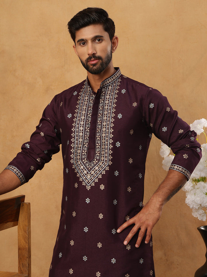 Ethnic Silk Blend Foil Print Kurta Pyjama Set