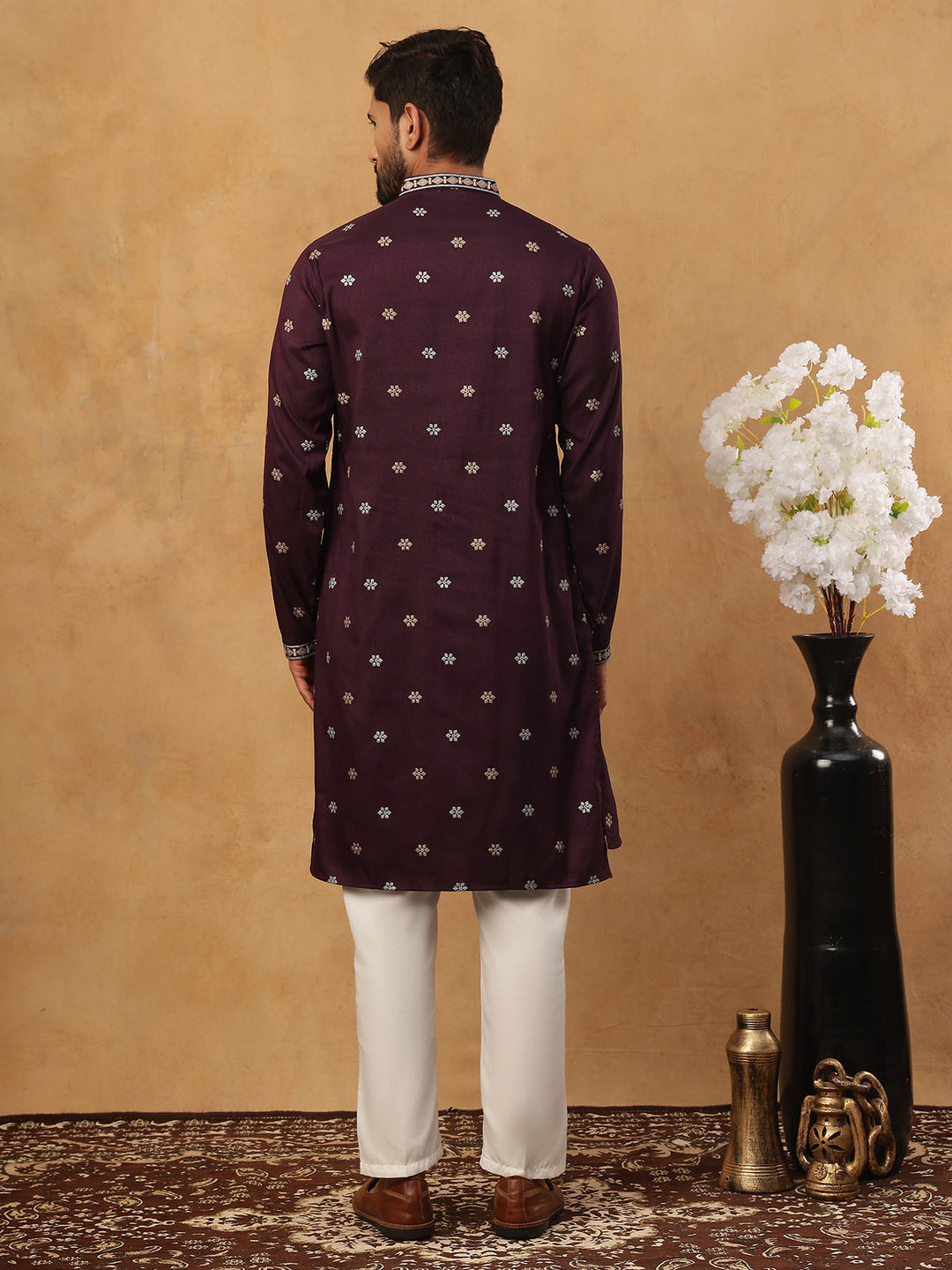 Ethnic Silk Blend Foil Print Kurta Pyjama Set