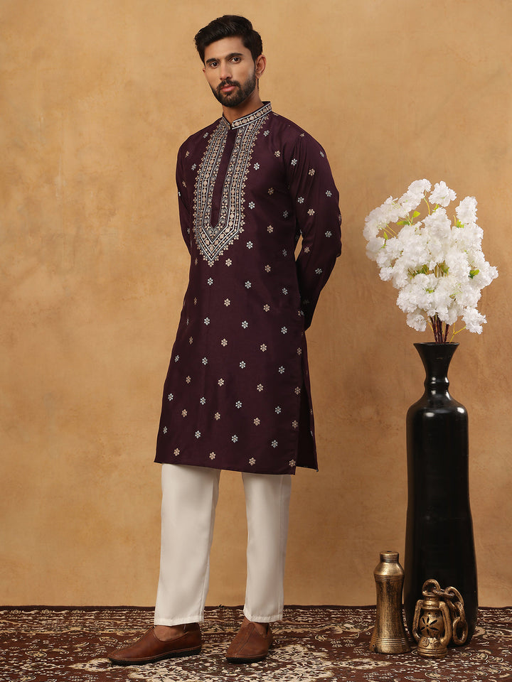 Ethnic Silk Blend Foil Print Kurta Pyjama Set