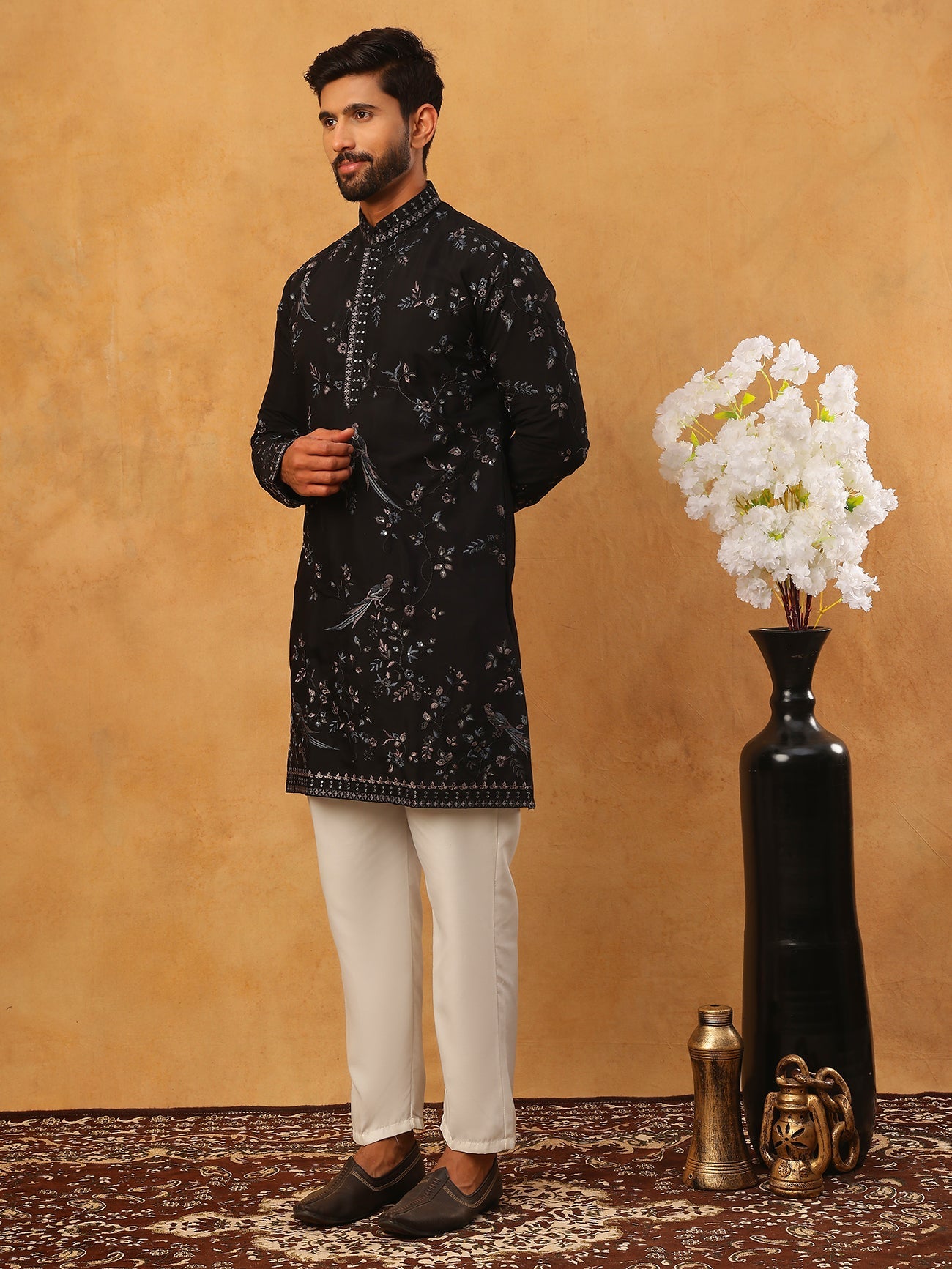 Silk Blend Embroidered Kurta With Pyjama