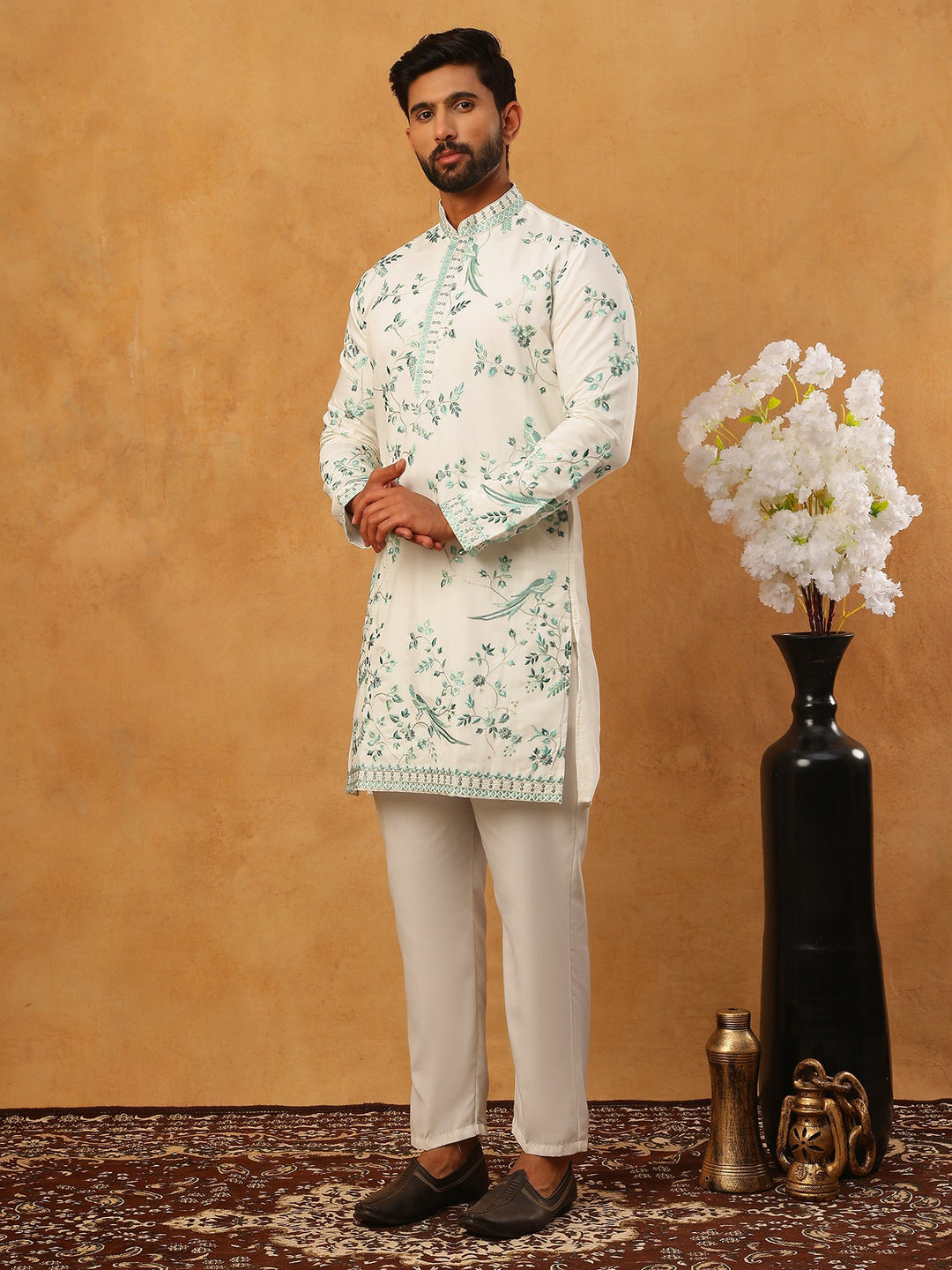 Silk Blend Embroidered Kurta With Pyjama