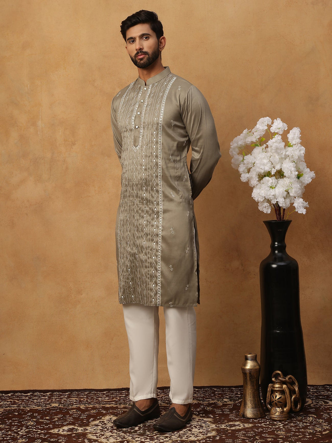 Luxury Silk Blend Thread Work Kurta Pyjama Set