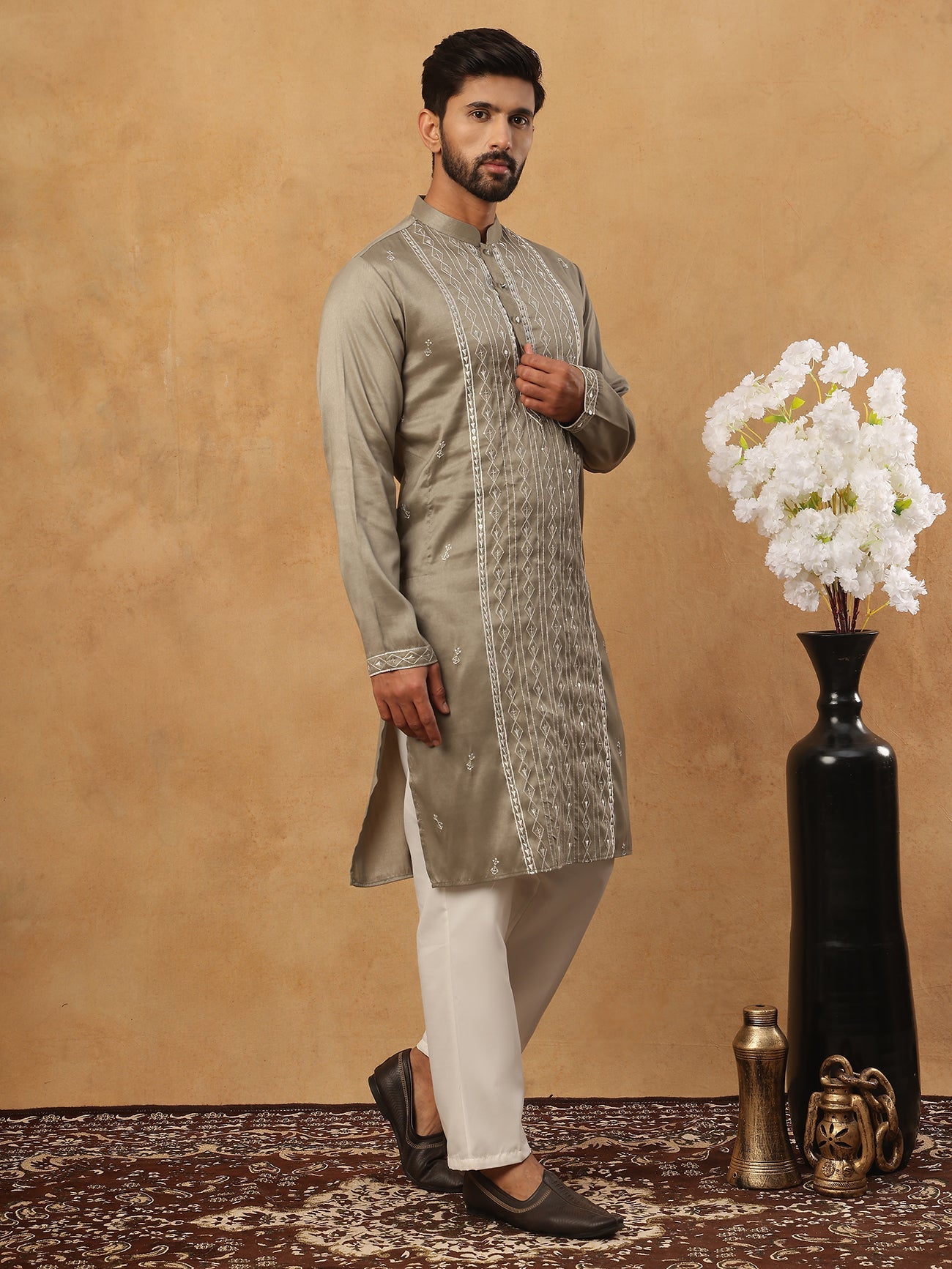 Luxury Silk Blend Thread Work Kurta Pyjama Set
