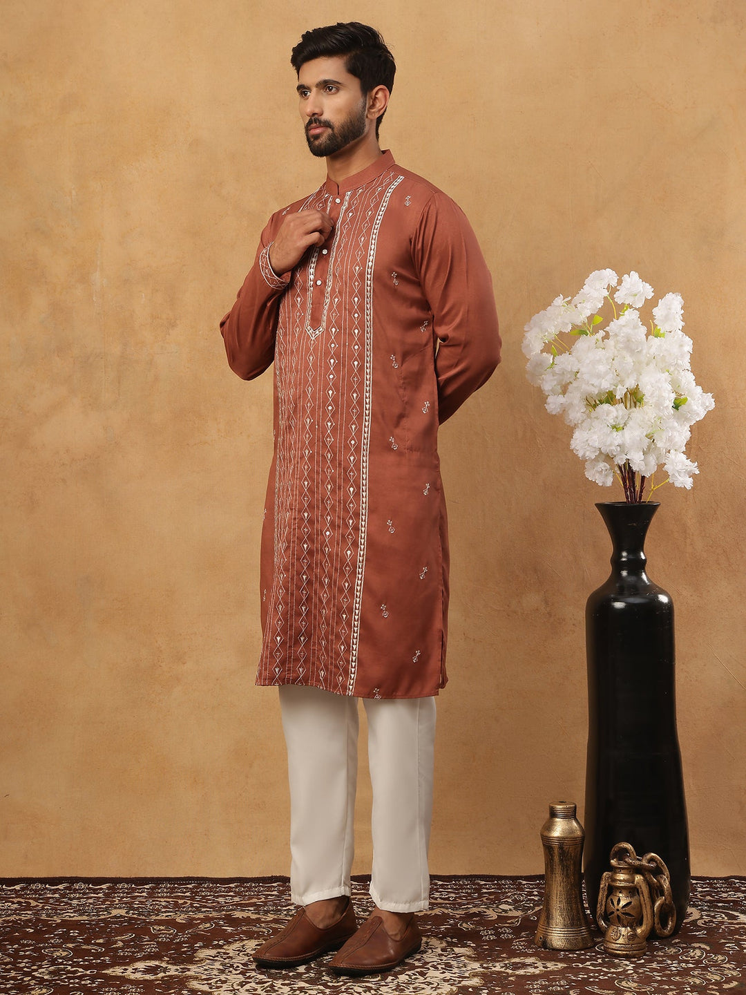 Luxury Silk Blend Thread Work Kurta Pyjama Set