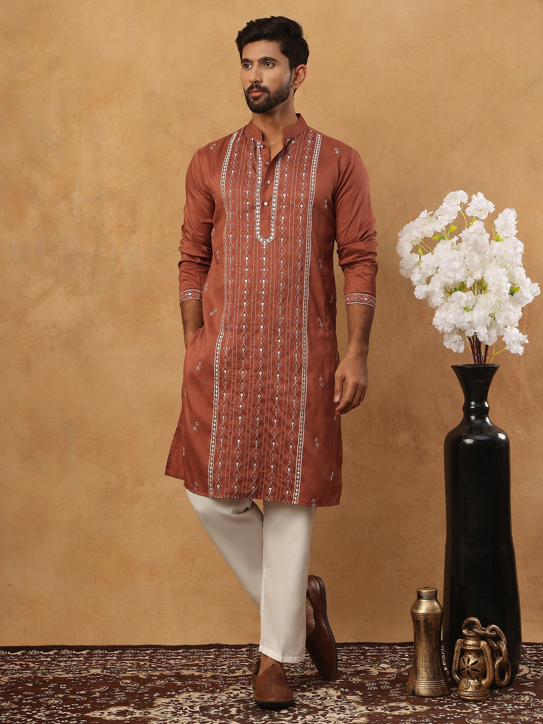 Luxury Silk Blend Thread Work Kurta Pyjama Set