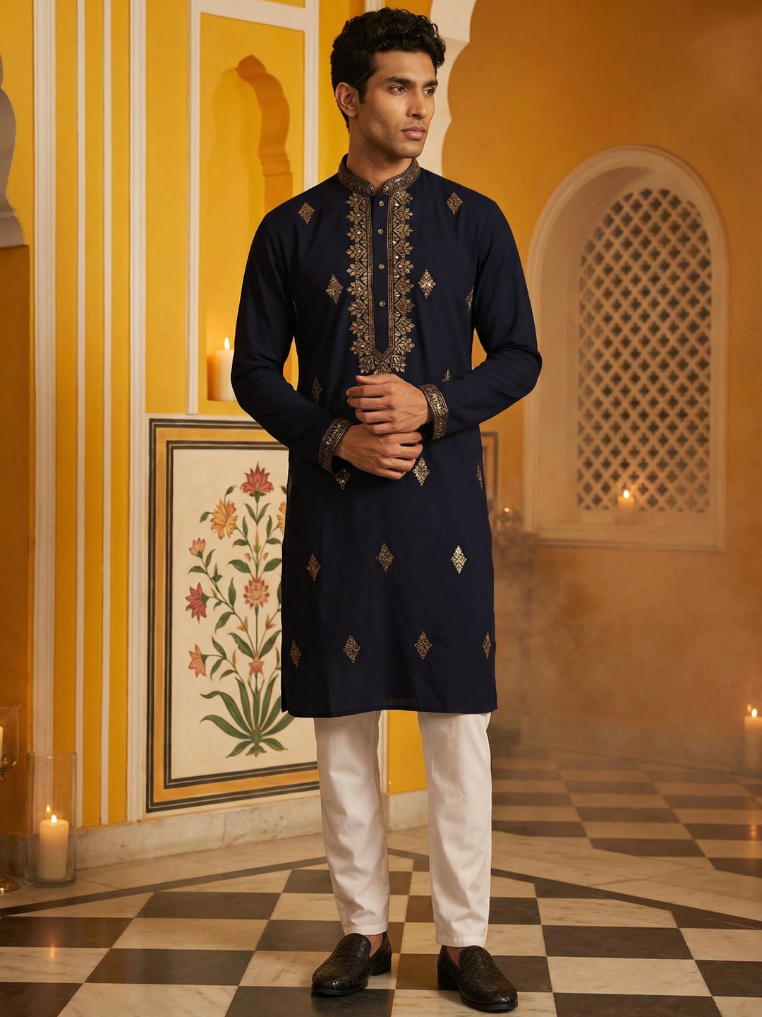 Men Japanese Fabric Embroidered Kurta Set