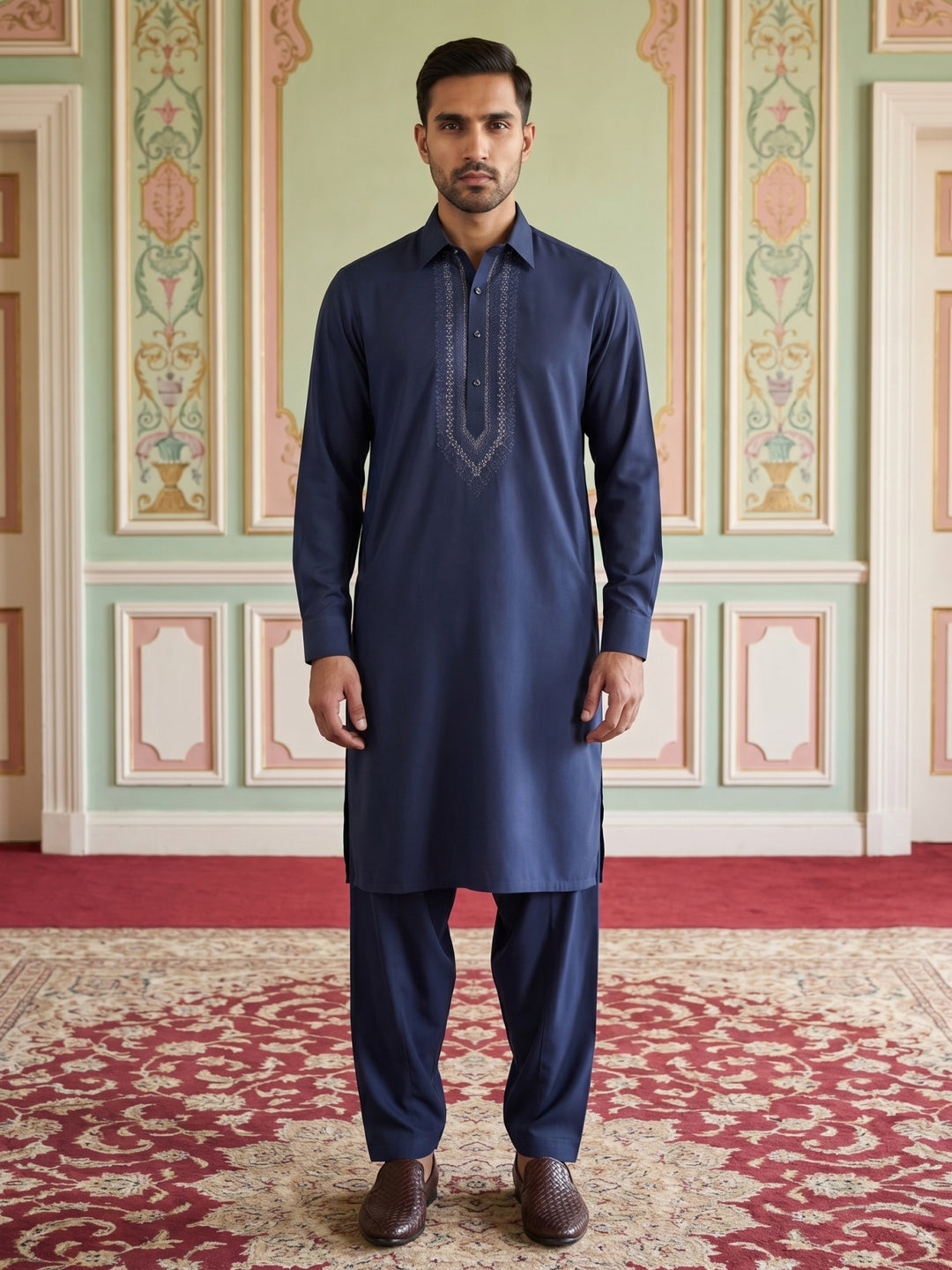 Premium Japanese Embroidery Pathani Kurta Set