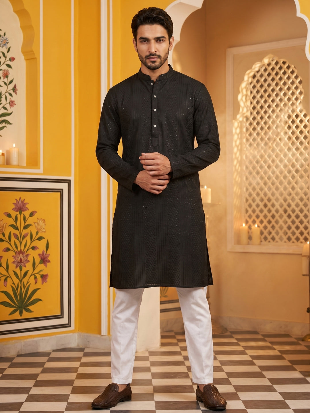 Men’S Silk Blend Thread Work Kurta Set