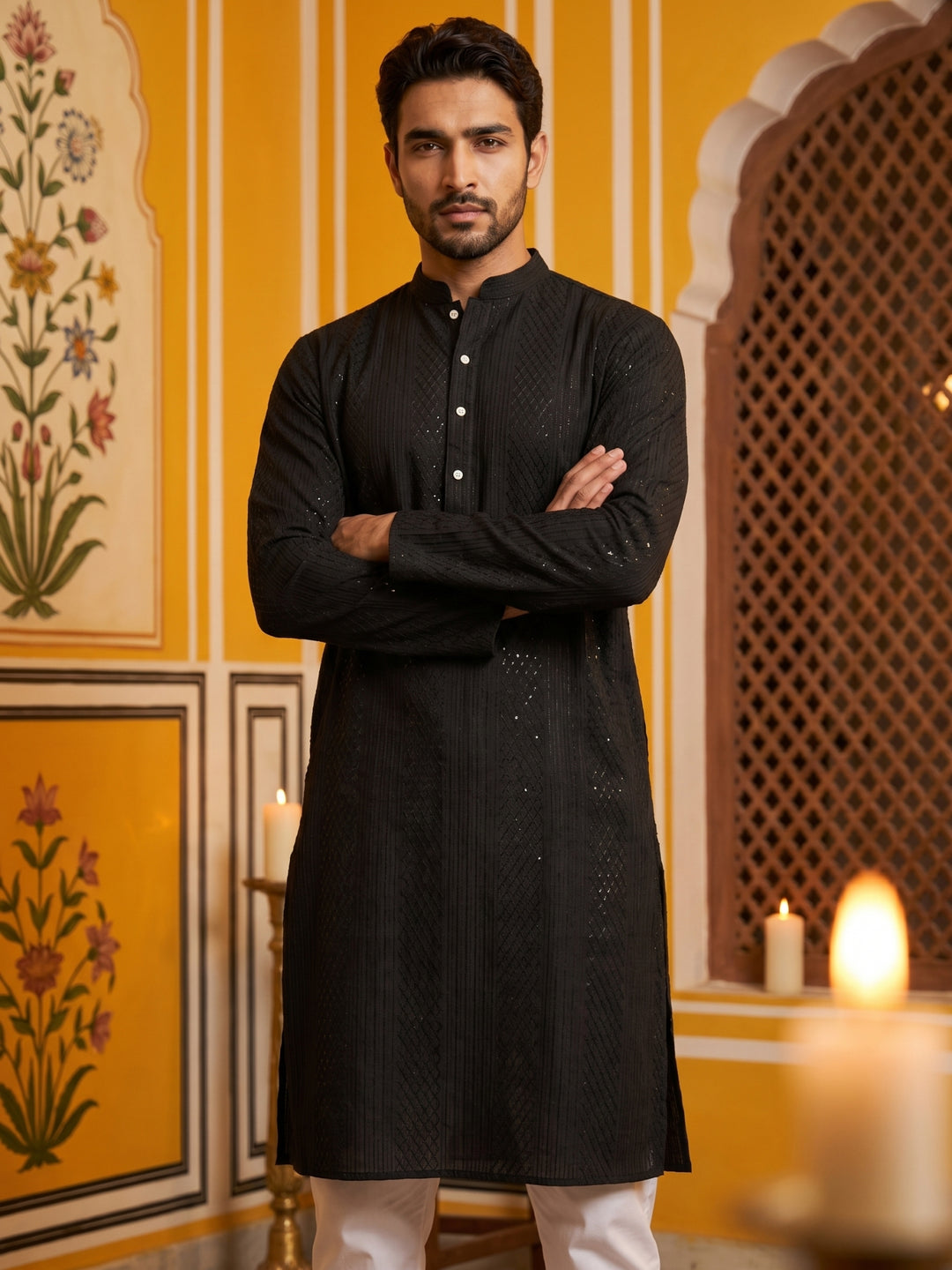 Men’S Silk Blend Thread Work Kurta Set