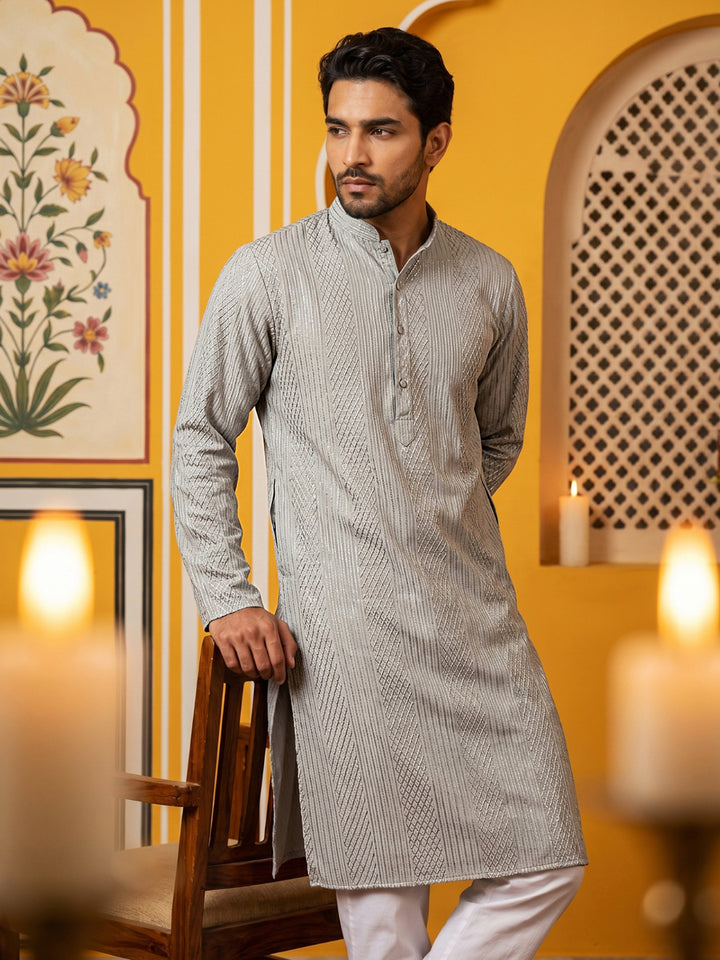 Men’S Silk Blend Thread Work Kurta Set