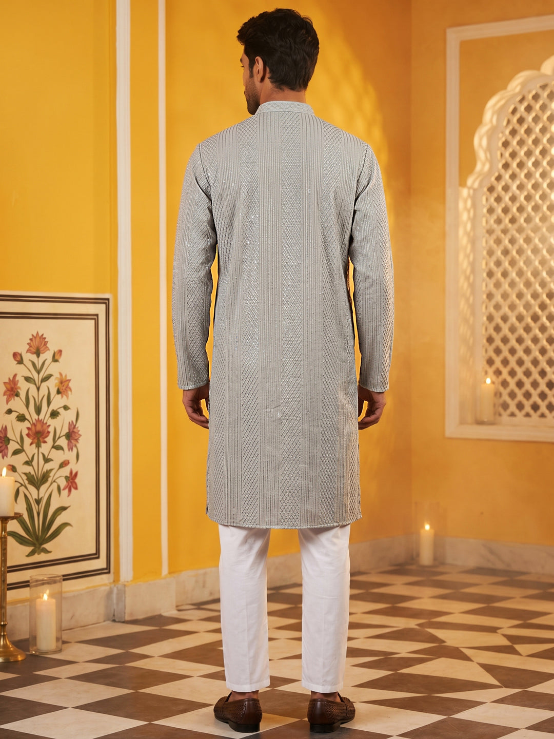 Men’S Silk Blend Thread Work Kurta Set