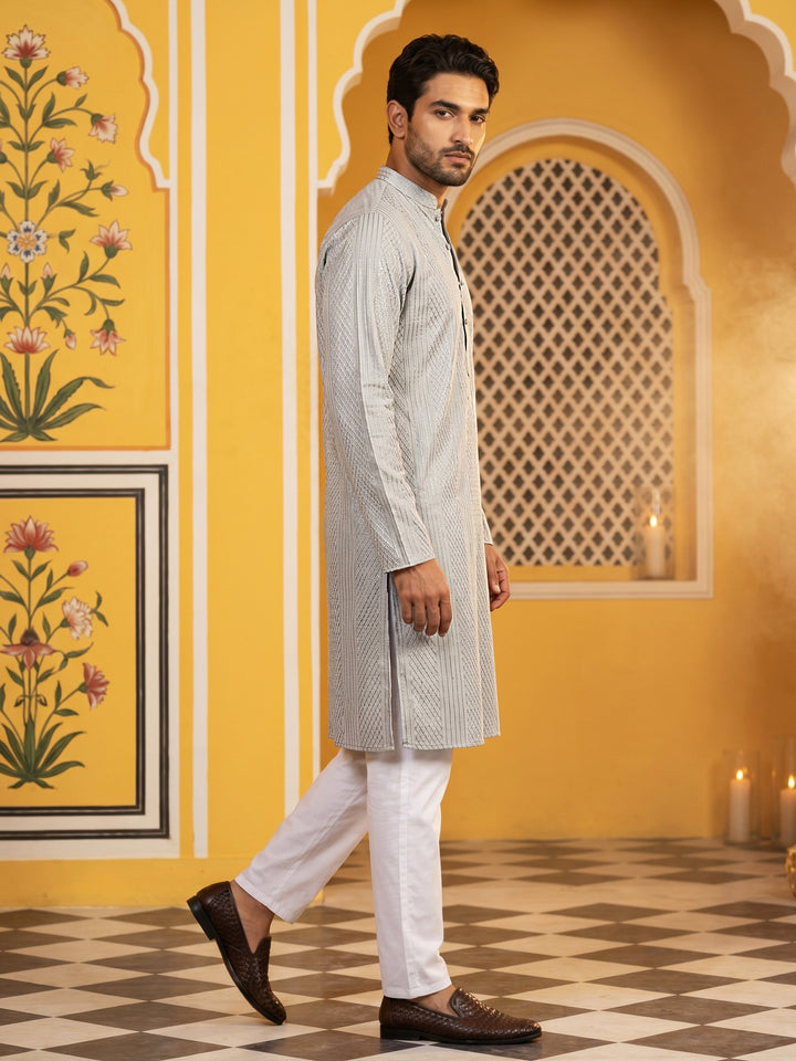 Men’S Silk Blend Thread Work Kurta Set