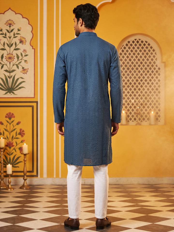 Men’S Silk Blend Thread Work Kurta Set