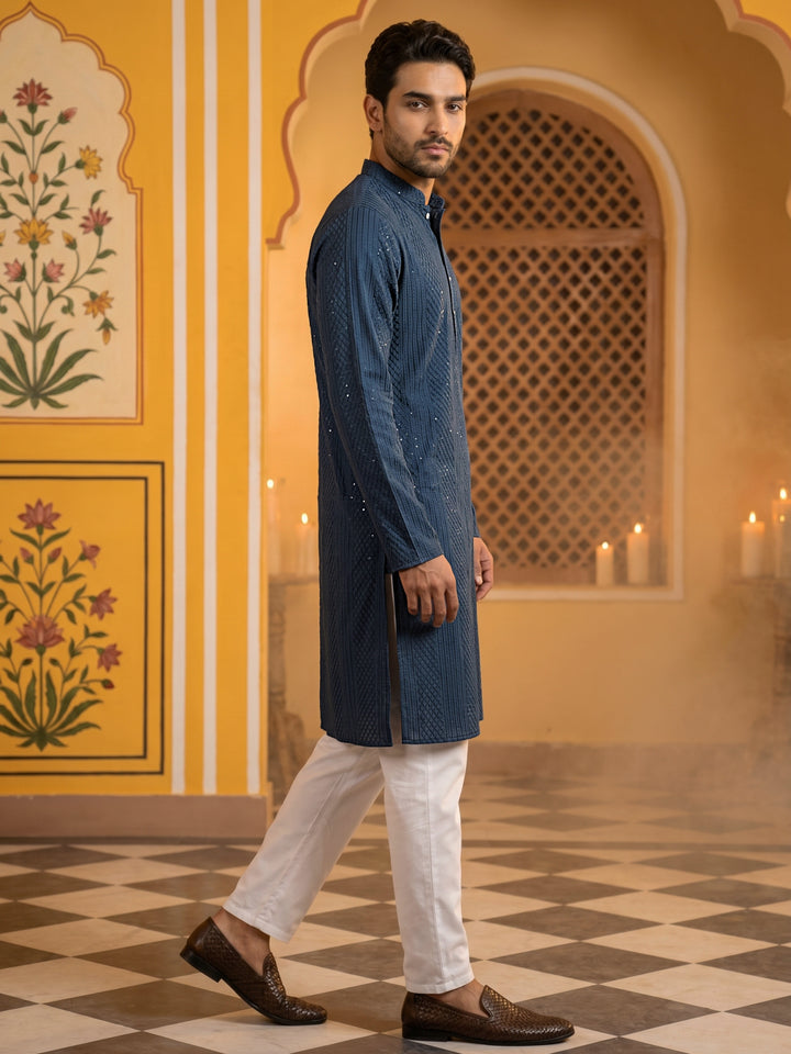 Men’S Silk Blend Thread Work Kurta Set