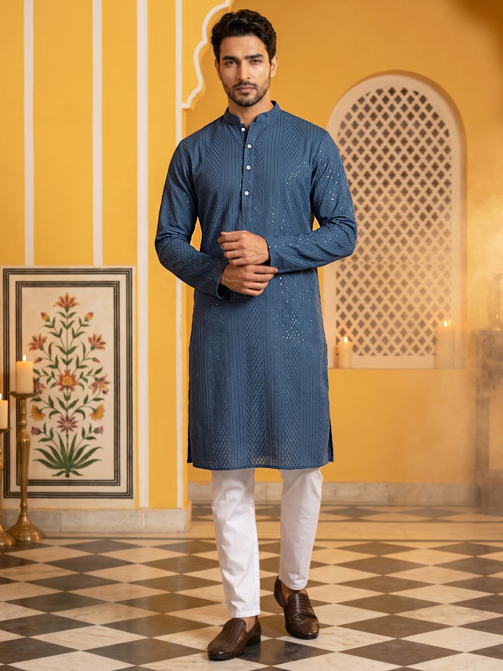 Men’S Silk Blend Thread Work Kurta Set