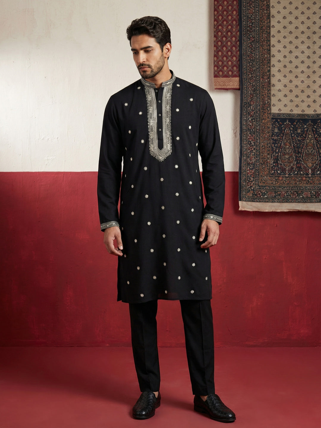 Men Japanese Imported Black Embroidered Kurta Set
