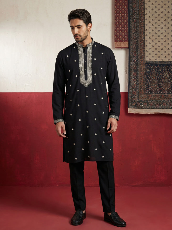 Men Japanese Imported Black Embroidered Kurta Set