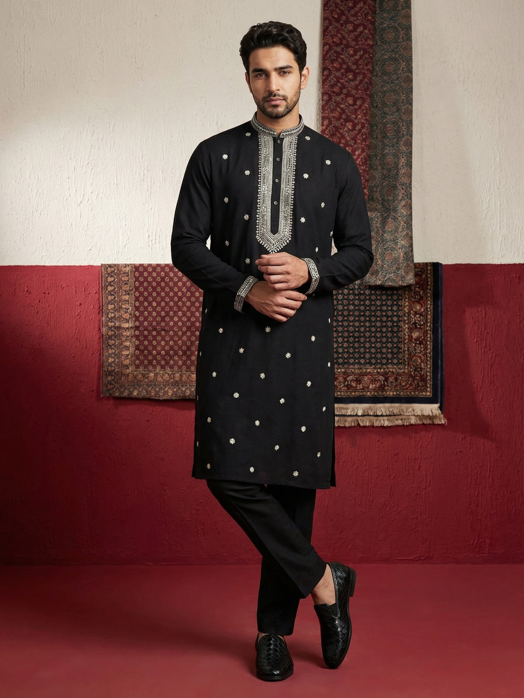 Men Japanese Imported Black Embroidered Kurta Set
