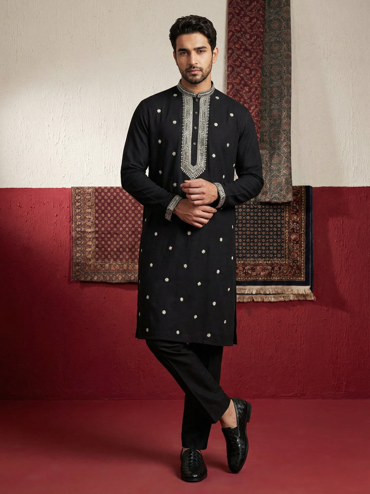 Men Japanese Imported Black Embroidered Kurta Set