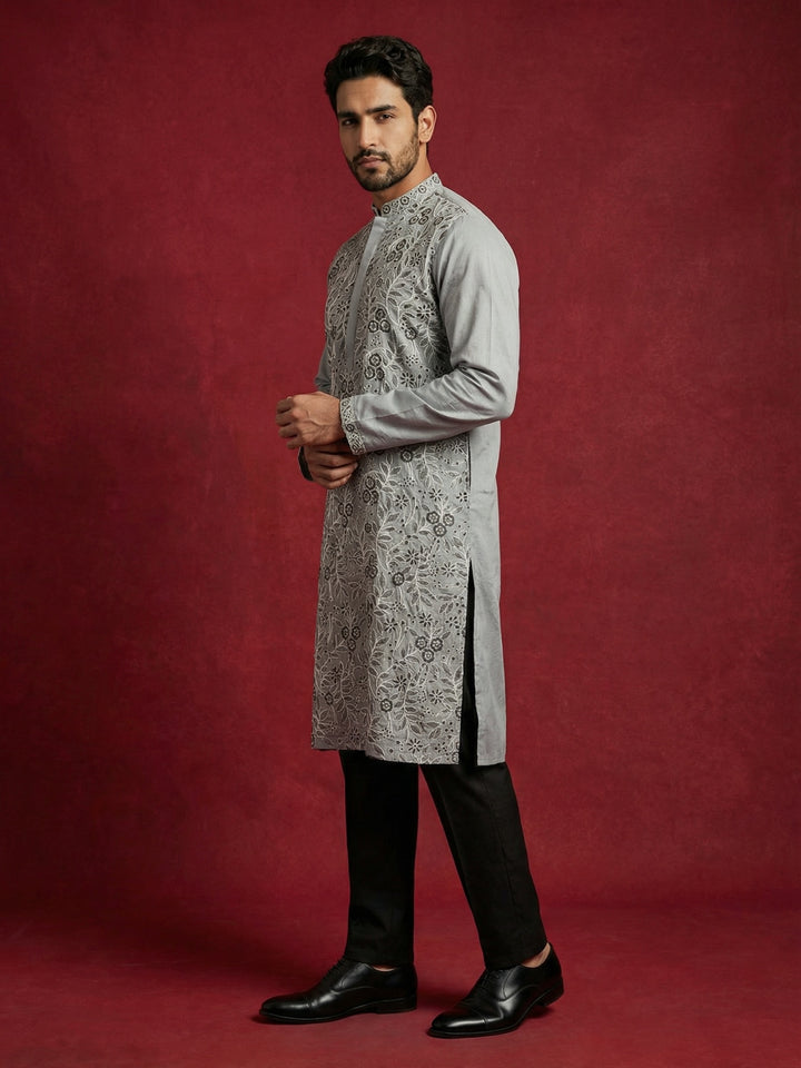 Men Festive Grey Embroidered Straight Kurta Set