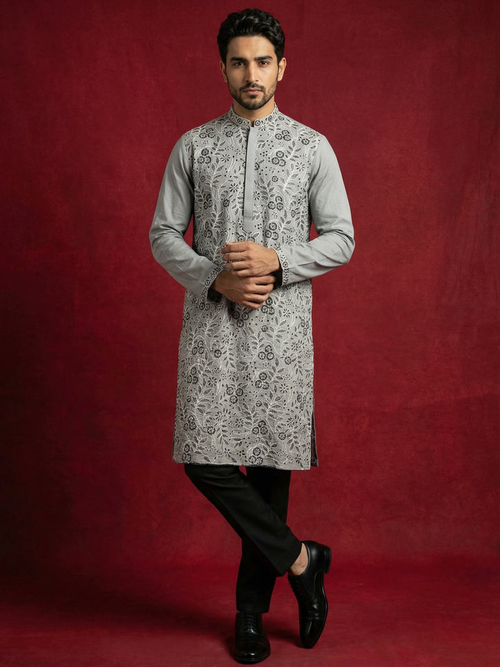 Men Festive Grey Embroidered Straight Kurta Set