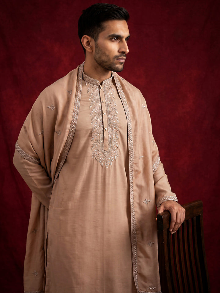 Silk Blend Kurta &amp; Korean Pants With Embroidered Dupatta