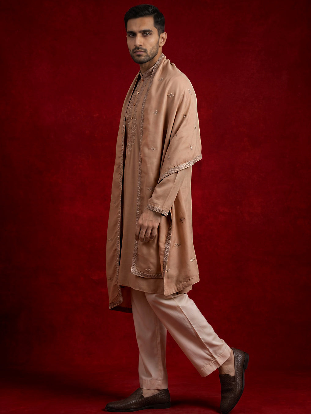 Silk Blend Kurta &amp; Korean Pants With Embroidered Dupatta