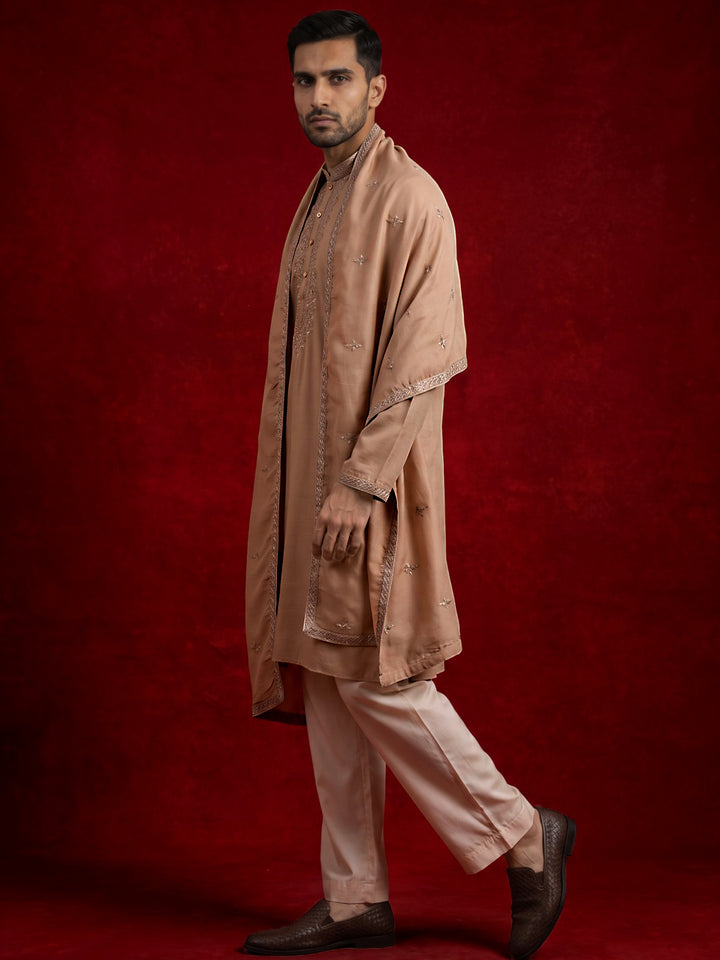 Silk Blend Kurta &amp; Korean Pants With Embroidered Dupatta