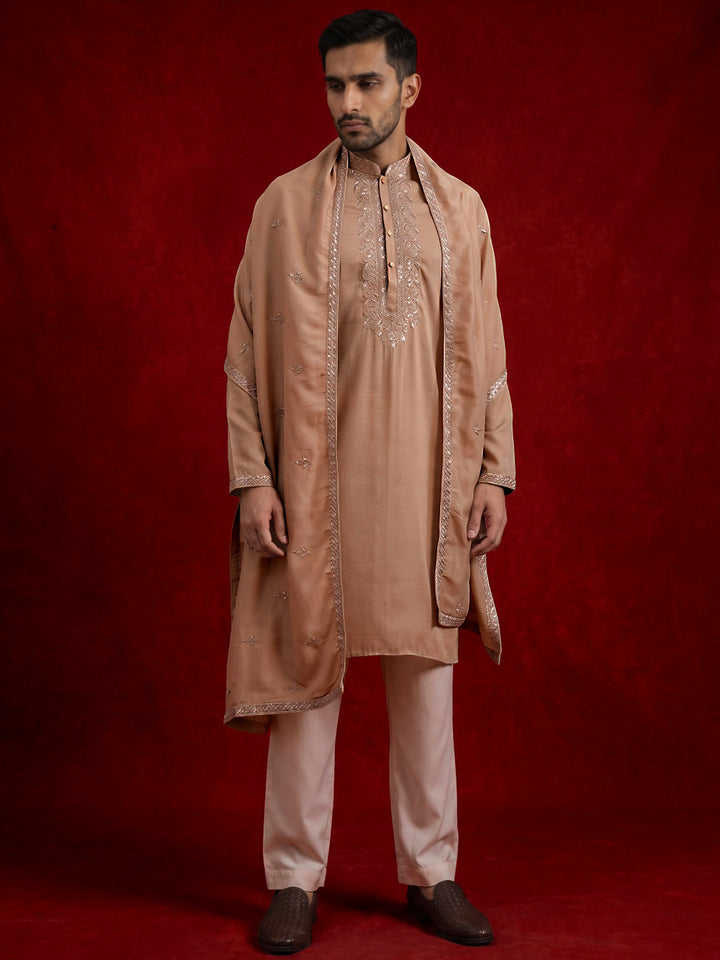 Silk Blend Kurta &amp; Korean Pants With Embroidered Dupatta