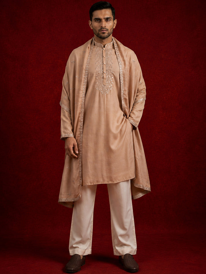 Silk Blend Kurta &amp; Korean Pants With Embroidered Dupatta
