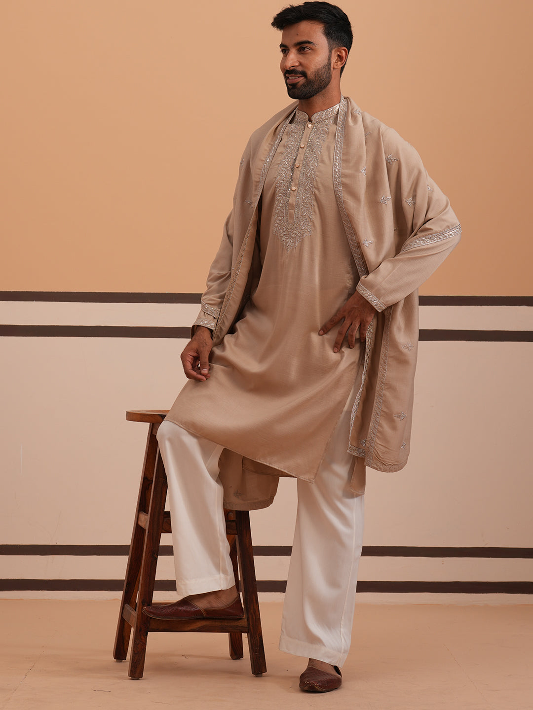Silk Blend Kurta Set With Matching Embroidered Dupatta