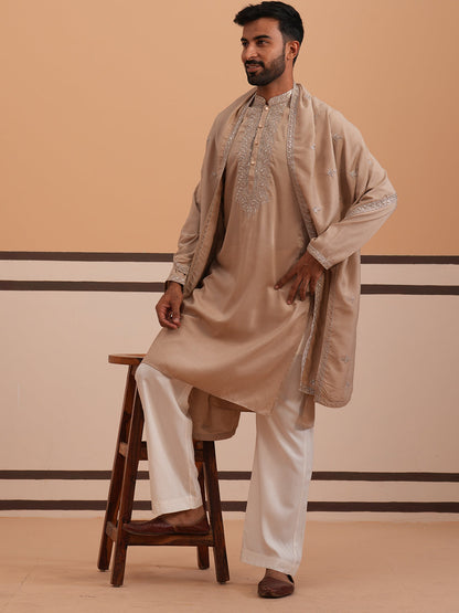 Silk Blend Kurta Set With Matching Embroidered Dupatta