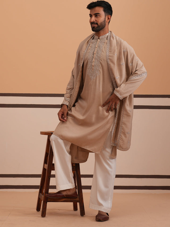 Silk Blend Kurta Set With Matching Embroidered Dupatta