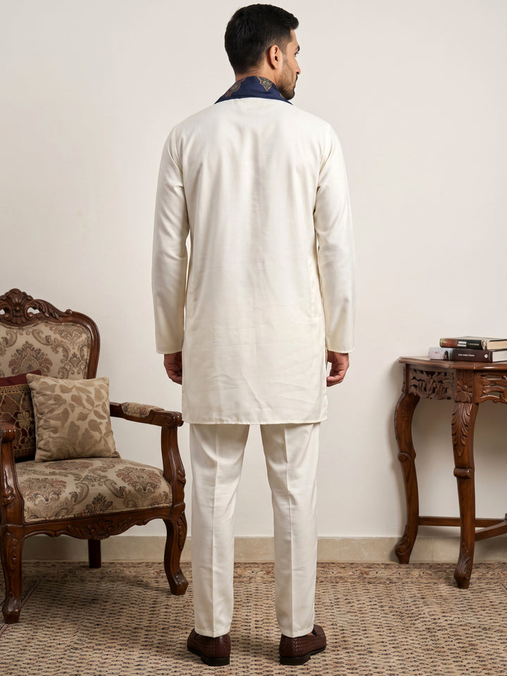 Men Silk Blend Solid Kurta Set With Paisley Printed Dupatta