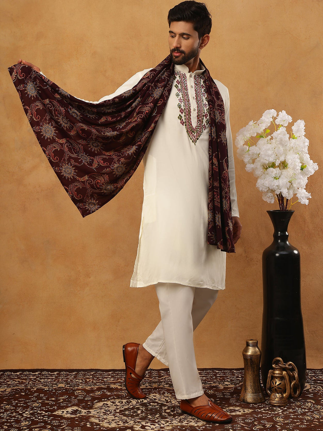 Traditional Silk Blend Kurta Pyjama &amp; Dupatta Set