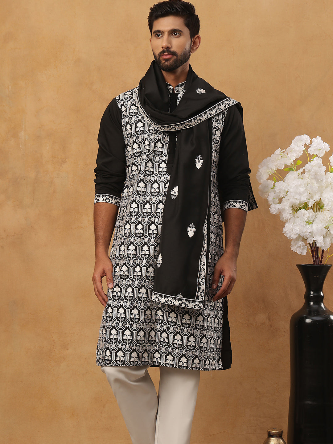 Silk Blend Embroidered Kurta Pyjama Dupatta Set