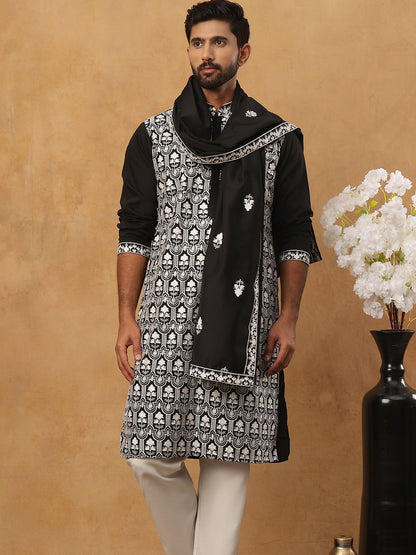 Silk Blend Embroidered Kurta Pyjama Dupatta Set