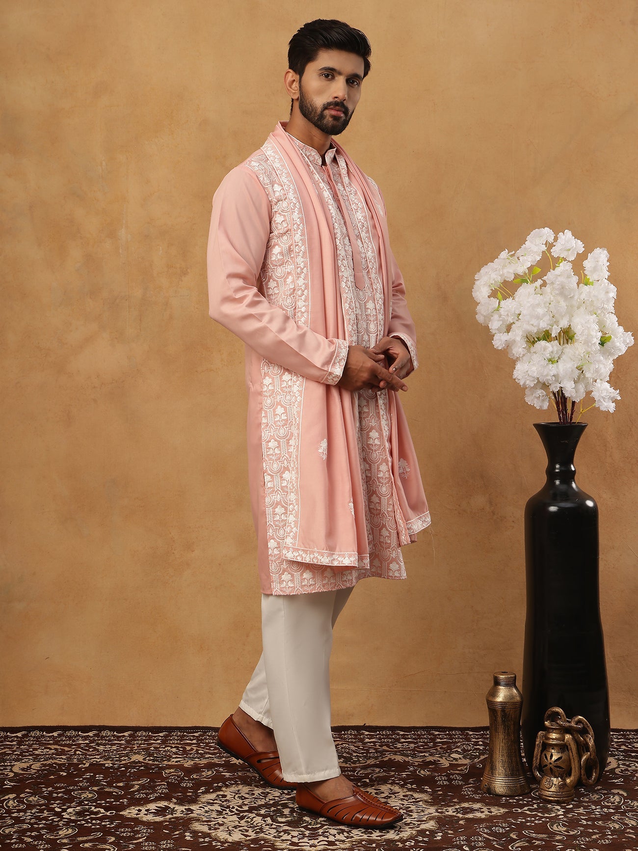 Silk Blend Embroidered Kurta Pyjama Dupatta Set