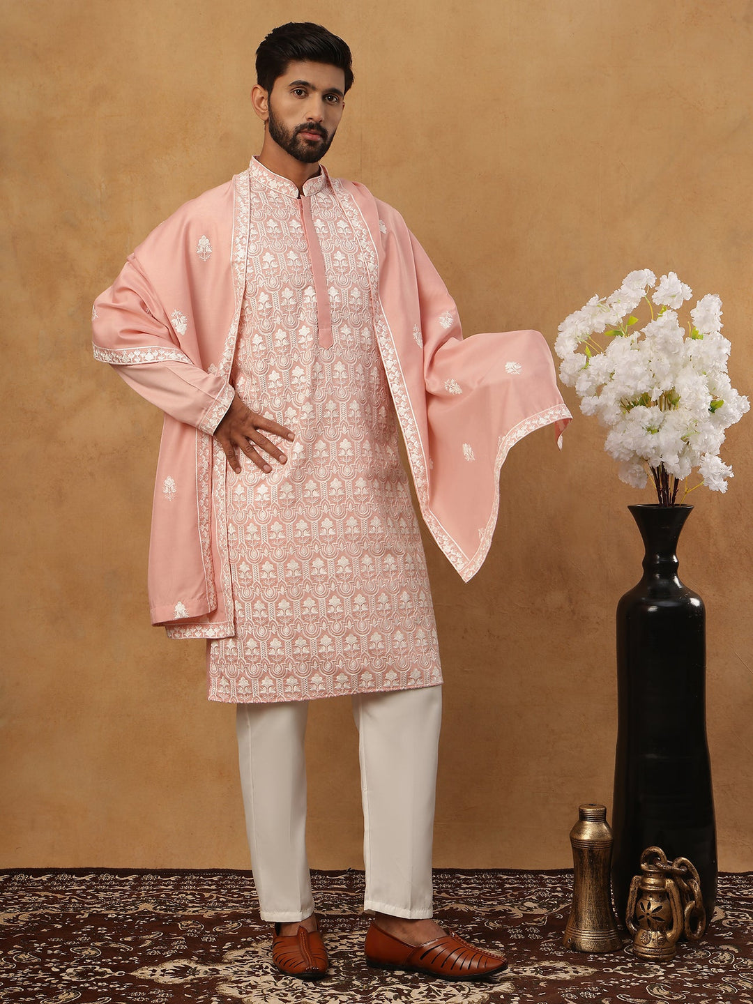 Silk Blend Embroidered Kurta Pyjama Dupatta Set
