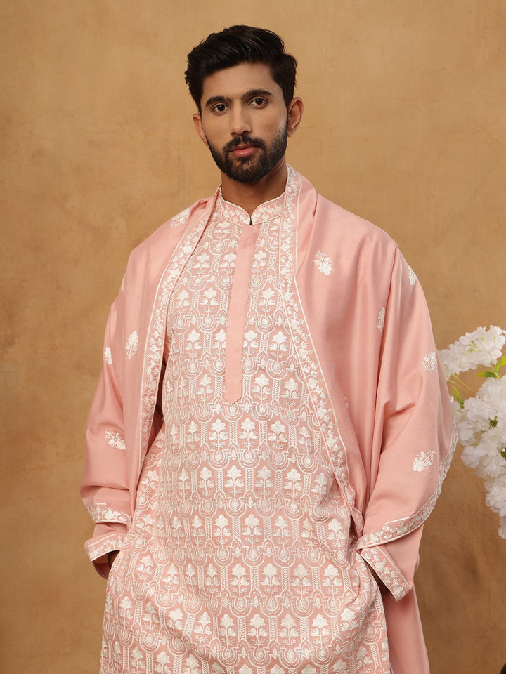 Silk Blend Embroidered Kurta Pyjama Dupatta Set