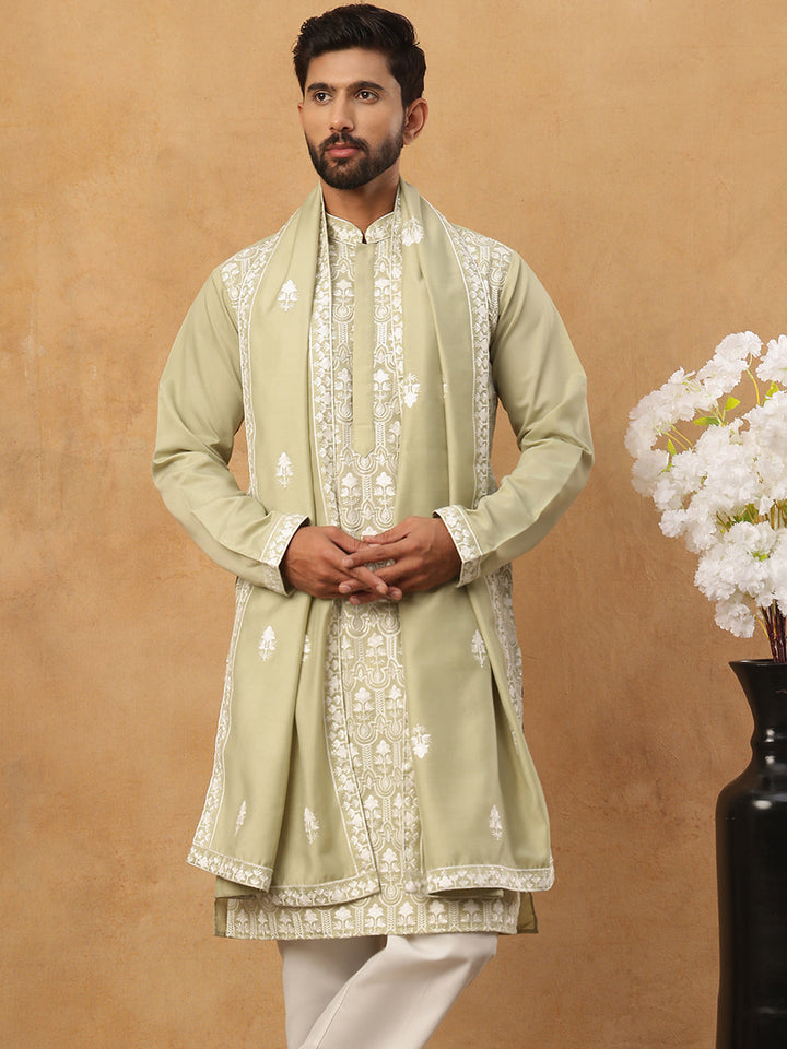 Silk Blend Embroidered Kurta Pyjama Dupatta Set