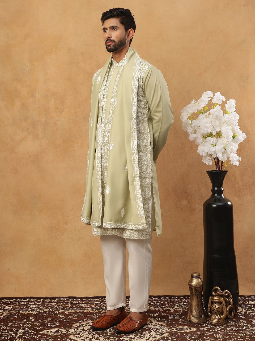 Silk Blend Embroidered Kurta Pyjama Dupatta Set