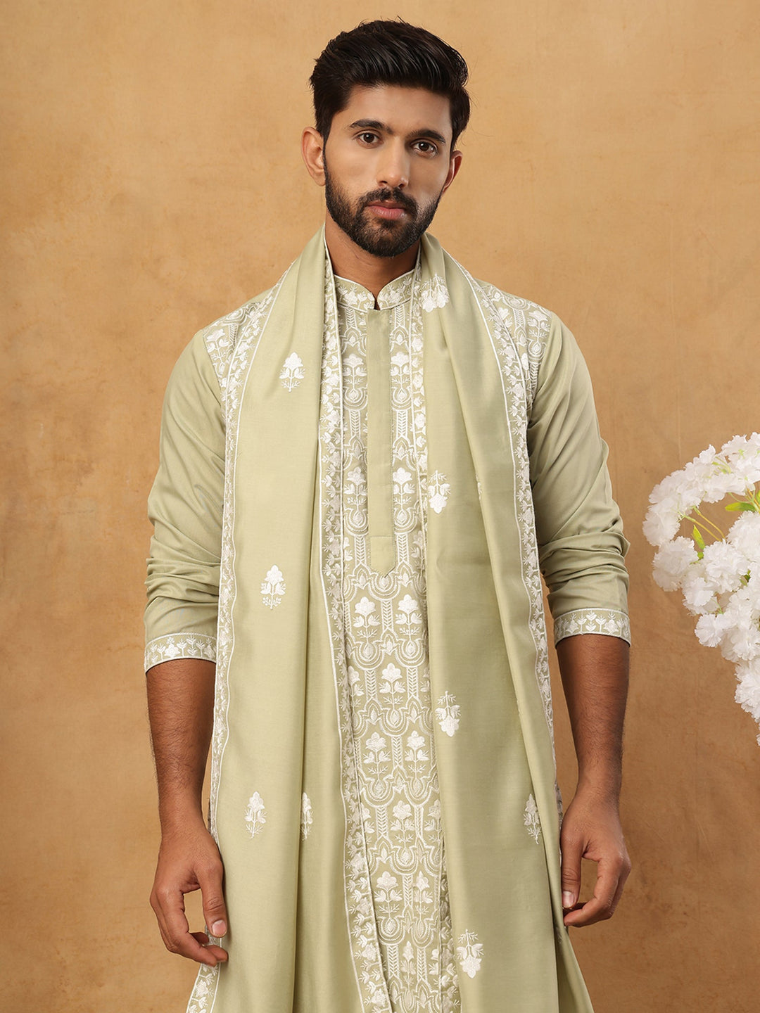 Silk Blend Embroidered Kurta Pyjama Dupatta Set