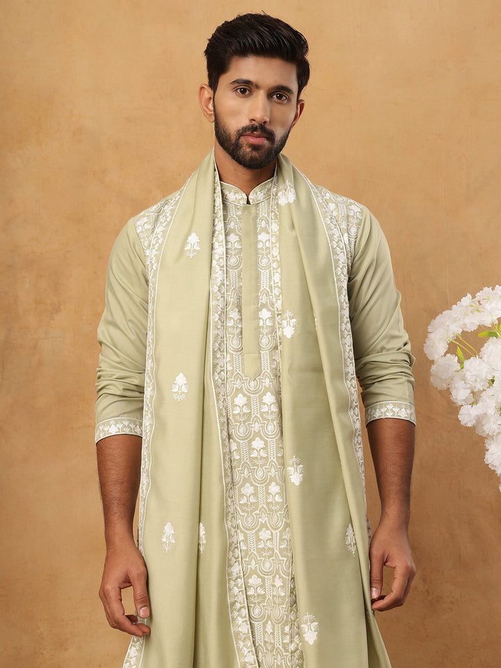 Silk Blend Embroidered Kurta Pyjama Dupatta Set