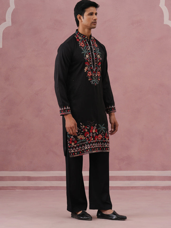Floral Embroidered Silk Blend Kurta Set