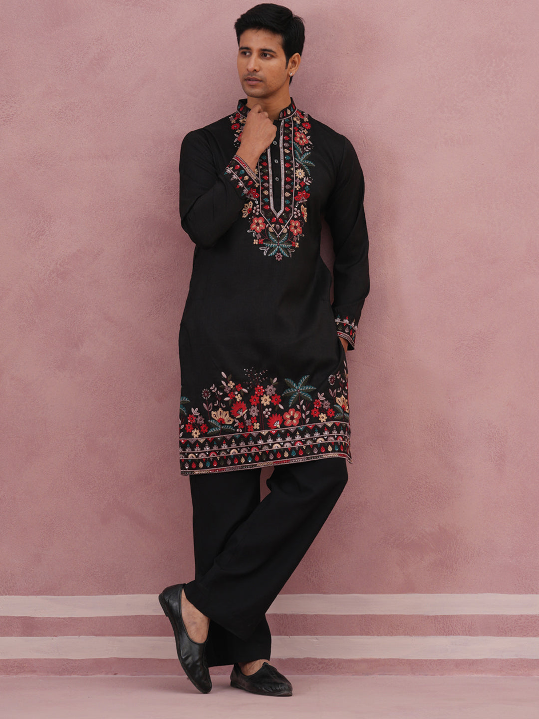 Floral Embroidered Silk Blend Kurta Set