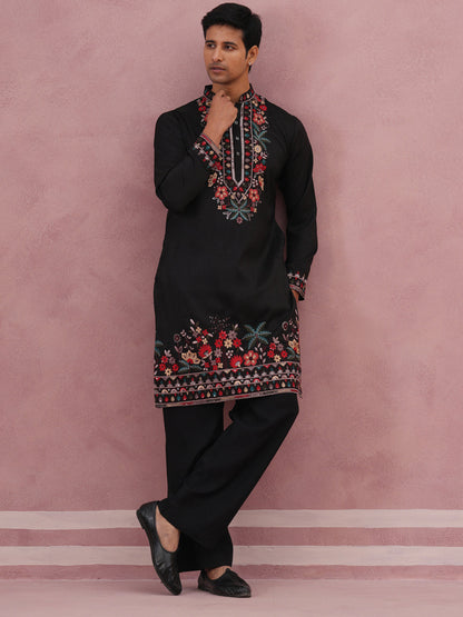 Floral Embroidered Silk Blend Kurta Set