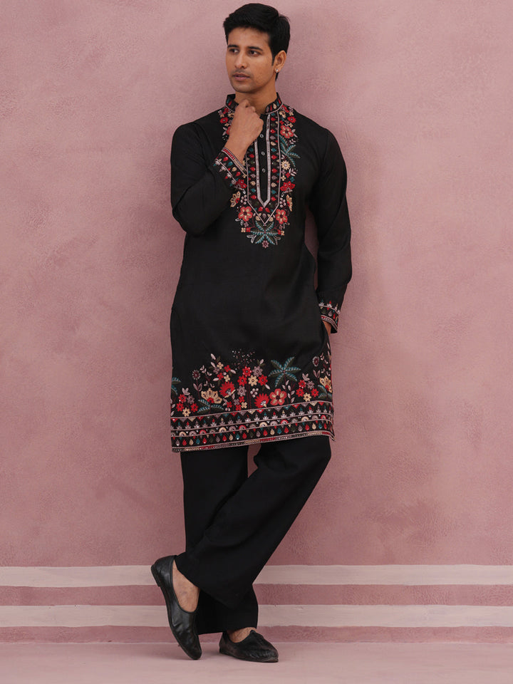 Floral Embroidered Silk Blend Kurta Set